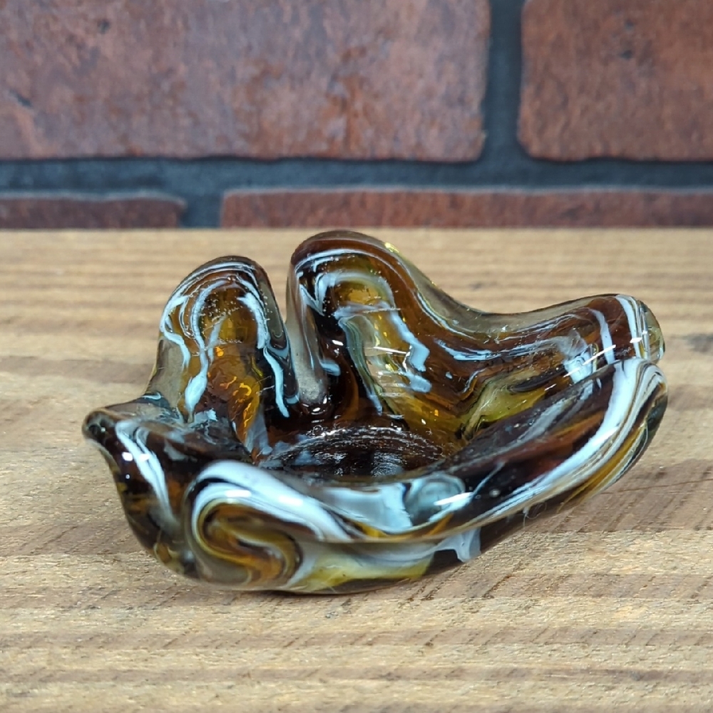 Handblown Amber Swirl Glass Ashtray Dish